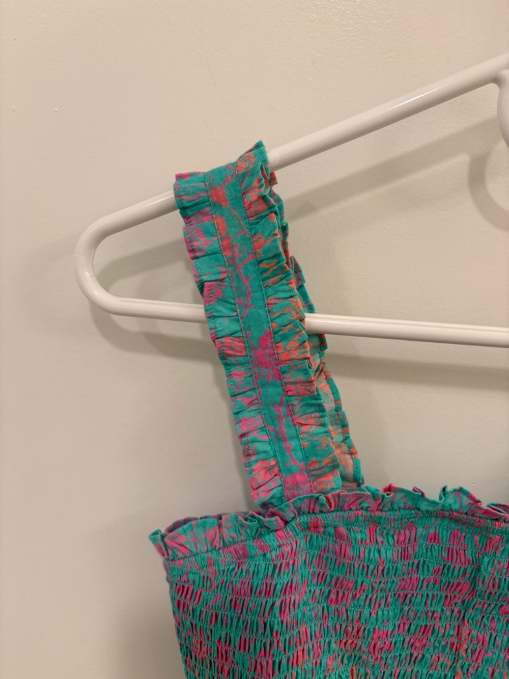 Celina Moon Turquoise Pink Smocked Ruffle Tank Top Size Small - Picture 2 of 7